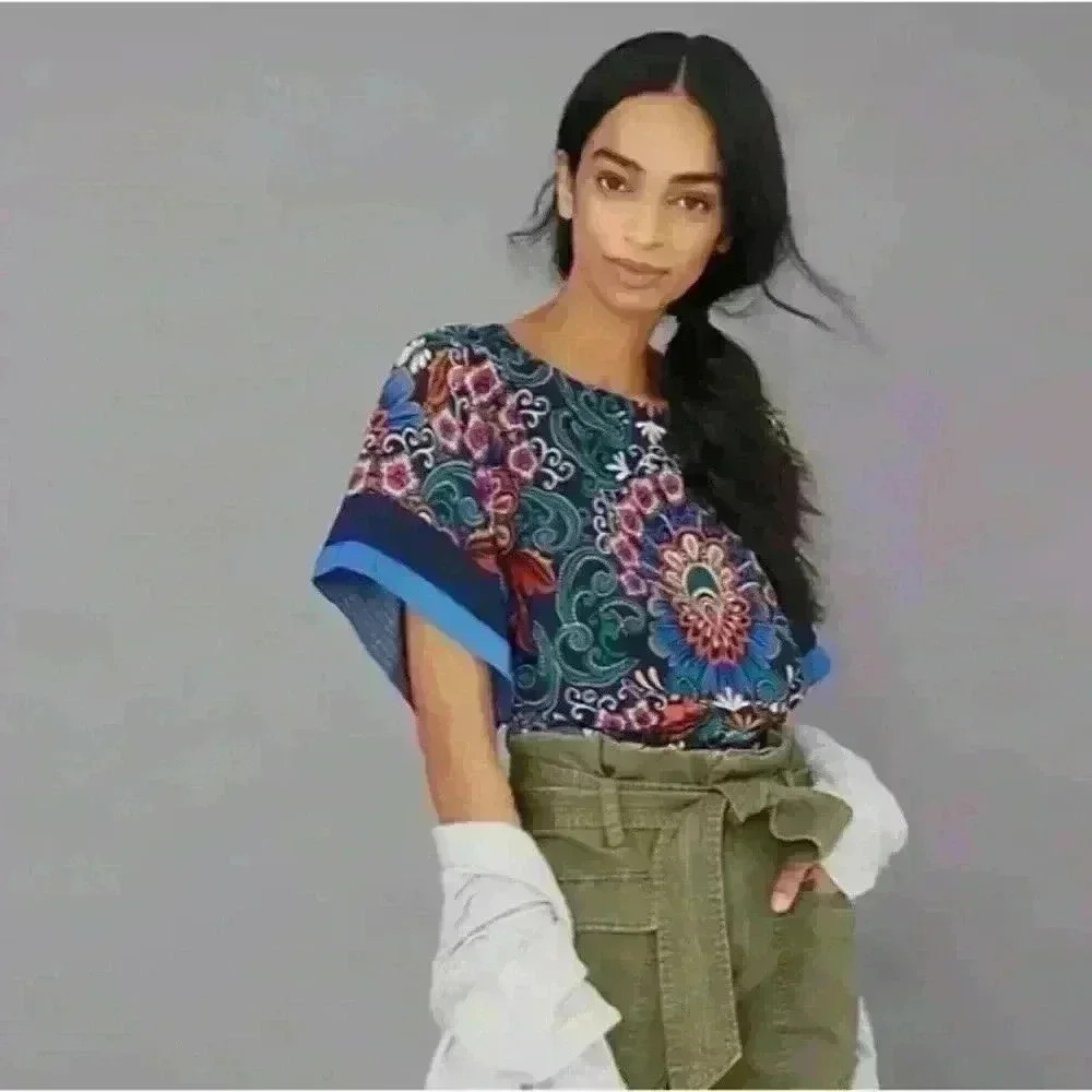 Anthropologie Multicolor Floral-Print Short Sleeve Top